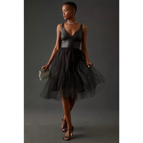 Anthropologie Faux Leather Tulle Mini Dress Ballerina Size 4P - Picture 2 of 14